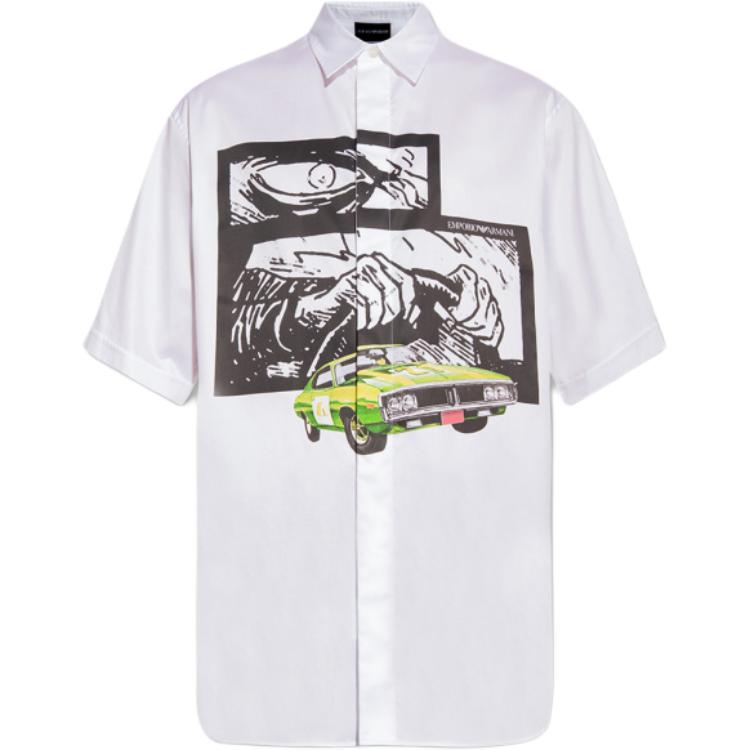 Emporio Armani SS22 White Racing Print Short Sleeve Shirt  Capsule Collection. I1CC3I-I128C-101
