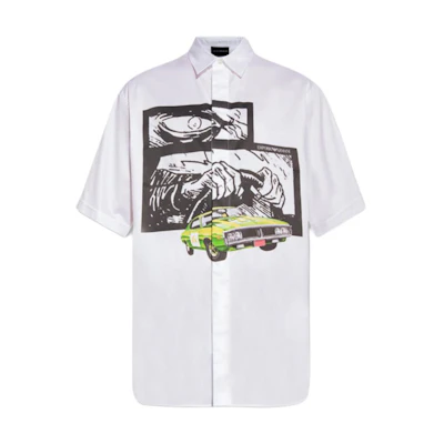 Emporio Armani SS22 White Racing Print Short Sleeve Shirt Capsule Collection. I1CC3I-I128C-101