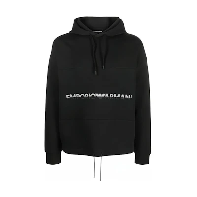 Emporio Armani SS23 Black Hoodie with Embroidered Letter Logo. 6R1MCM-1JHSZ-0999