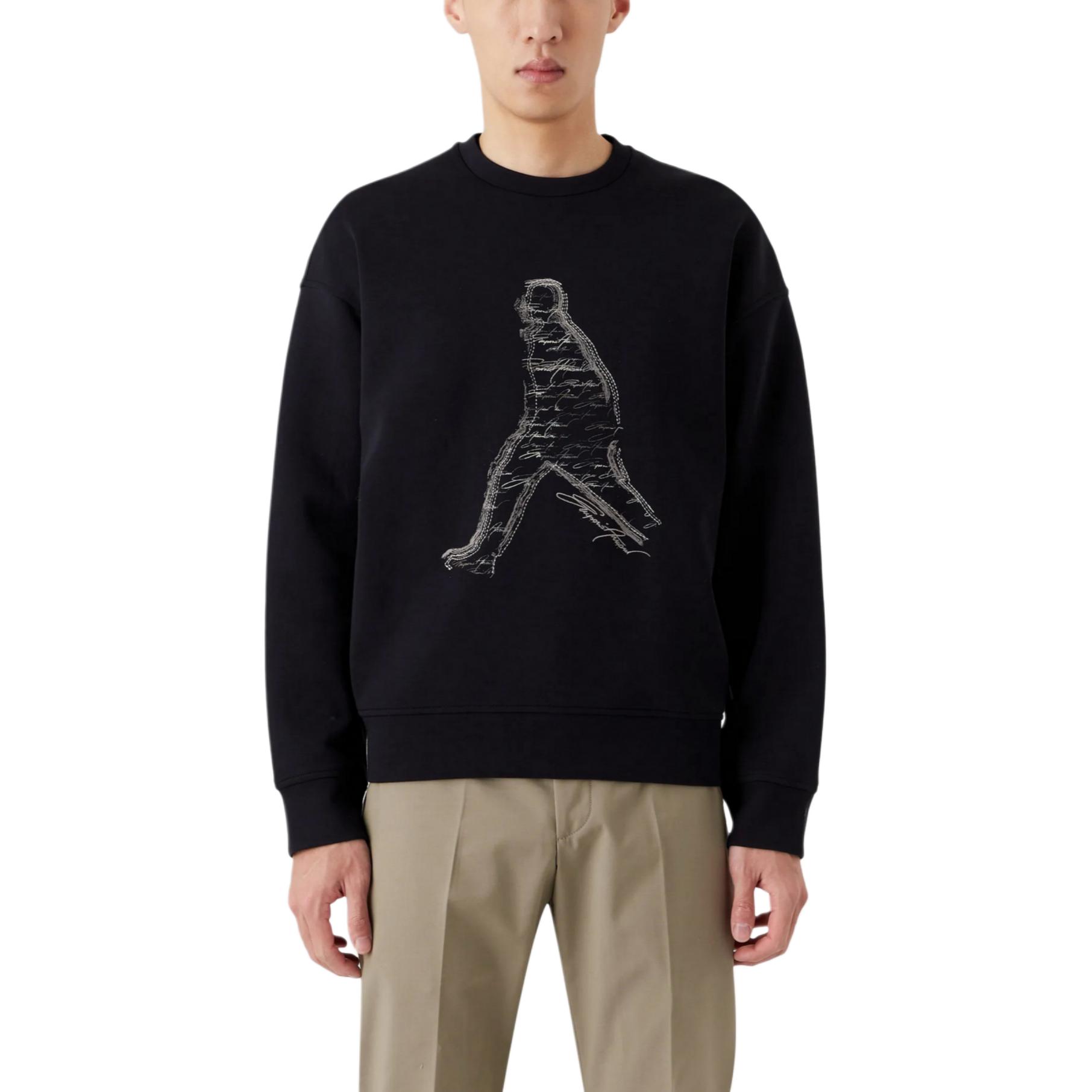 Shop Emporio Armani SS23  Blue Crewneck Sweatshirt with Embroidered Silhouette. 3R1MDQ-1JHSZ-0920