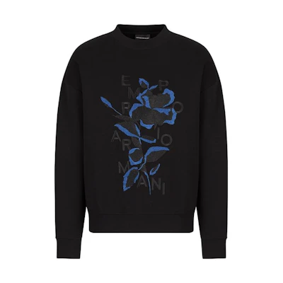 EMPORIO ARMANI SS23 Floral Embroidered Crewneck Pullover Sweatshirt. 3R1MBB-1JHSZ1-0999