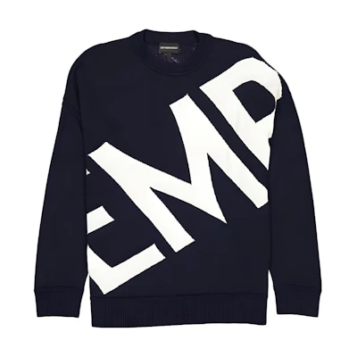 EMPORIO ARMANI SS23 Navy Blue Letter Intarsia Crewneck Knit Sweater 3K1MT9-1MD2Z-0920