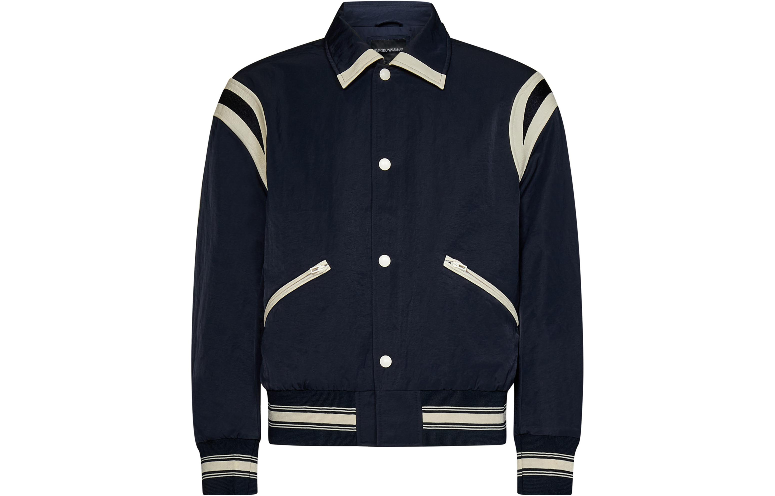 Emporio Armani SS23  Navy Pinstripe Letter Print Single-Breasted Jacket. 6R1BZ2-1NZOZ-0920