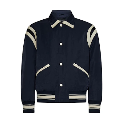 Emporio Armani SS23 Navy Pinstripe Letter Print Single-Breasted Jacket. 6R1BZ2-1NZOZ-0920
