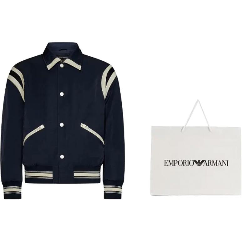 Shop Emporio Armani SS23 海軍藍條紋字母印花單排扣外套。 6R1BZ2-1NZOZ-0920