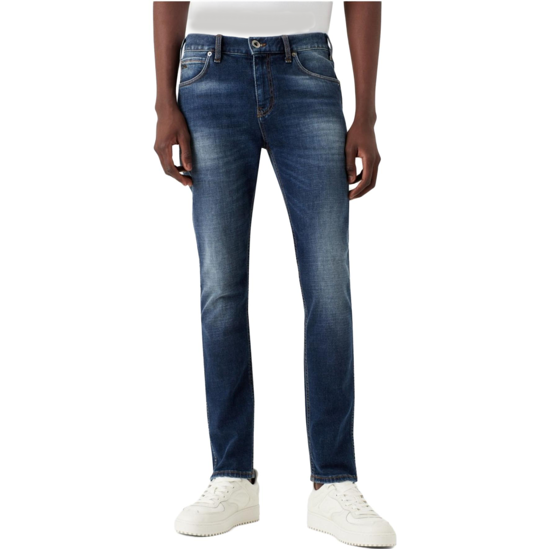 Shop Emporio Armani SS23 修身低腰藍色牛仔褲 3R1J16-1D0BZ-0942