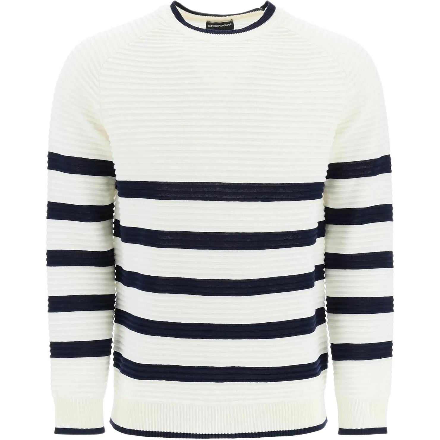 Buy Emporio Armani SS23  Striped Logo Cotton Crewneck Sweater Cream Color. 3R1MXC-1MD1Z-0101