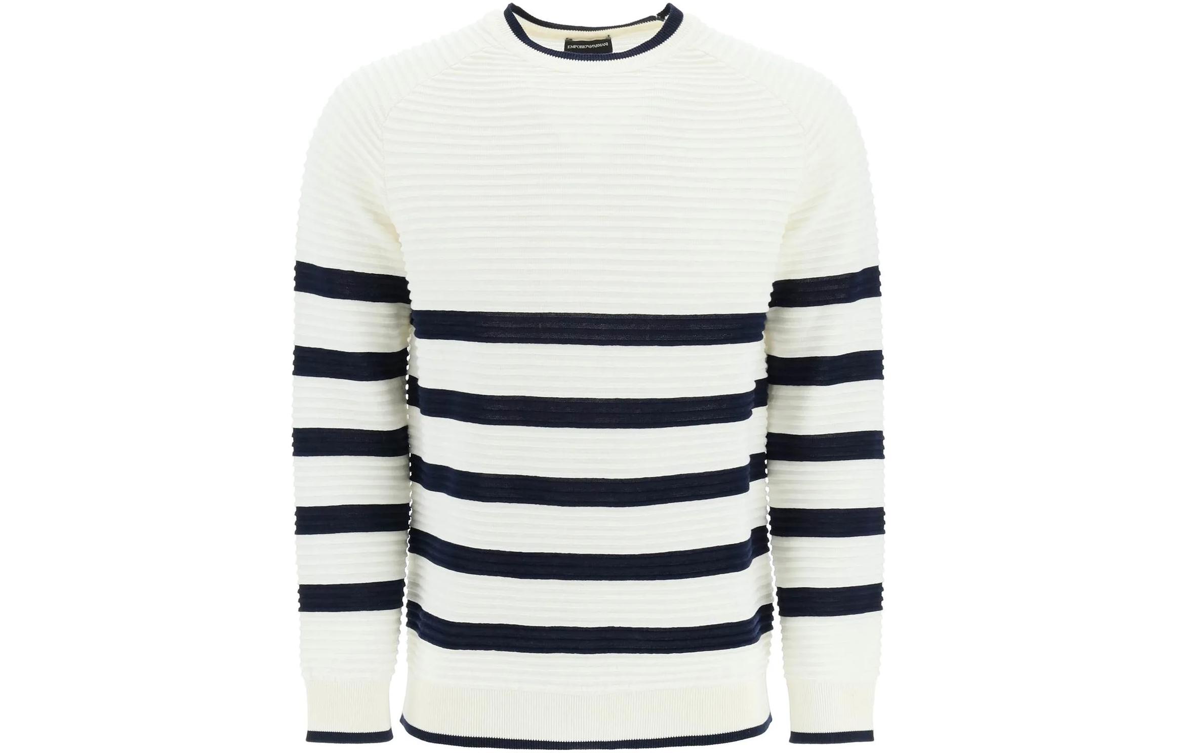 Order Emporio Armani SS23  Striped Logo Cotton Crewneck Sweater Cream Color. 3R1MXC-1MD1Z-0101