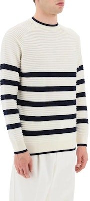 Emporio Armani SS23 Striped Logo Cotton Crewneck Sweater Cream Color. 3R1MXC-1MD1Z-0101 Lookbook Emporio Armani SS23 Striped Logo Cotton Crewneck Sweater Cream Color. 3R1MXC-1MD1Z-0101