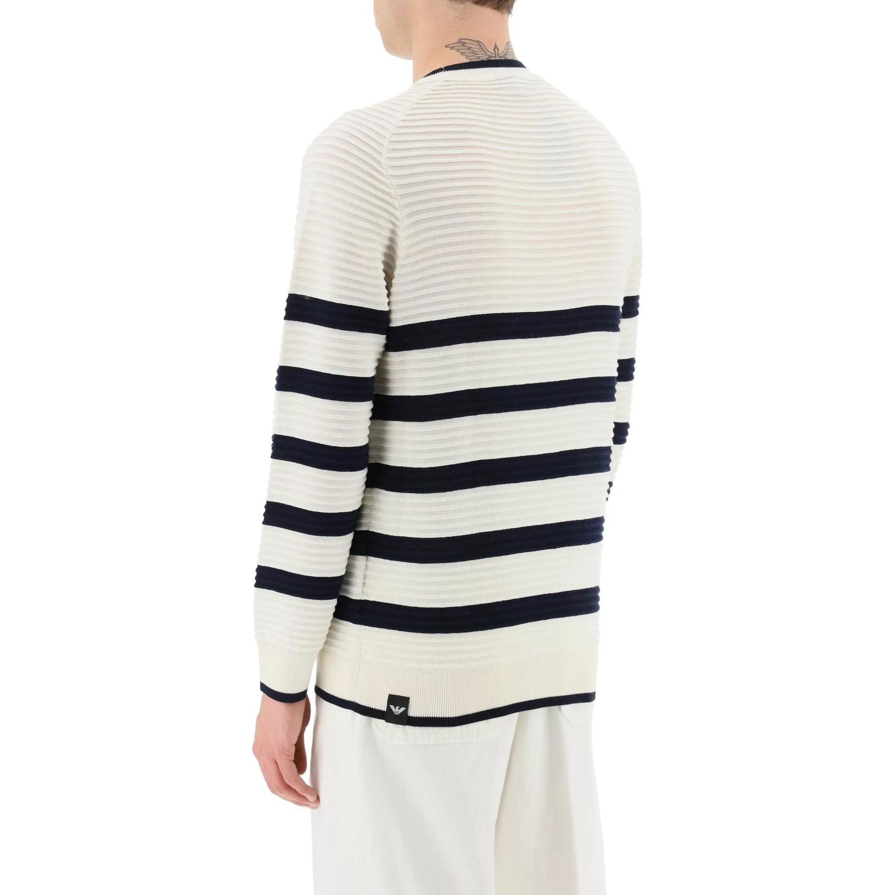 Shop Emporio Armani SS23  Striped Logo Cotton Crewneck Sweater Cream Color. 3R1MXC-1MD1Z-0101