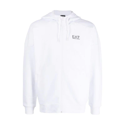 Emporio Armani SS23 White Hoodie with Logo Embroidery and Drawstring. 3RPM19-PJLSZ-0100