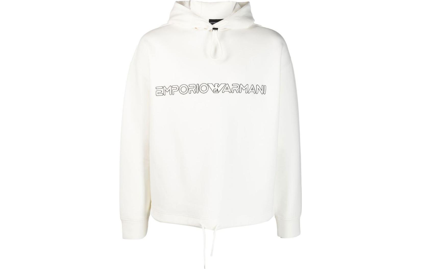 Emporio Armani SS23  White Logo Embroidered Drawstring Hoodie. 3R1MBC-1JHSZ-0101