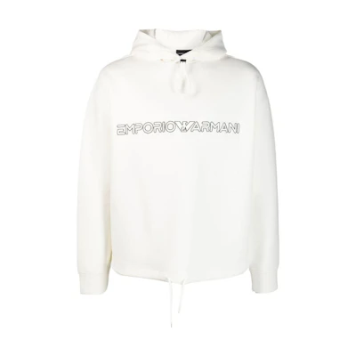 Emporio Armani SS23 White Logo Embroidered Drawstring Hoodie. 3R1MBC-1JHSZ-0101