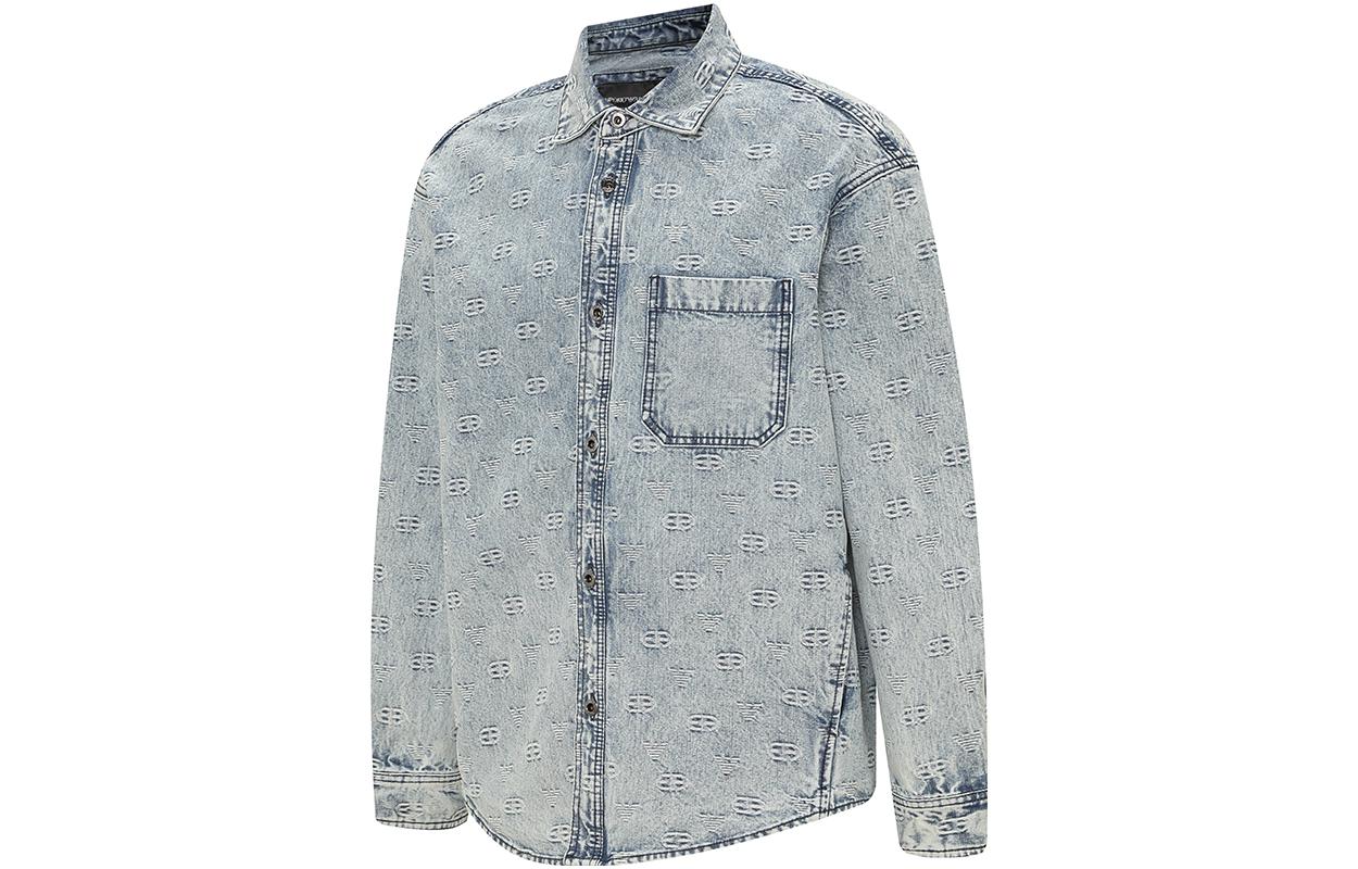 Shop EMPORIO ARMANI SS23 All-Over Logo Shirt Blue Menswear 6L1CE3-1DMAZ-0943