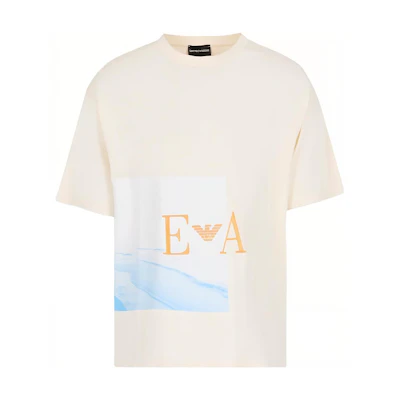 Emporio Armani SS23 Beach Print Logo Embroidered Cotton T-Shirt Men Warm White 3R1T6S-1J38Z-0101