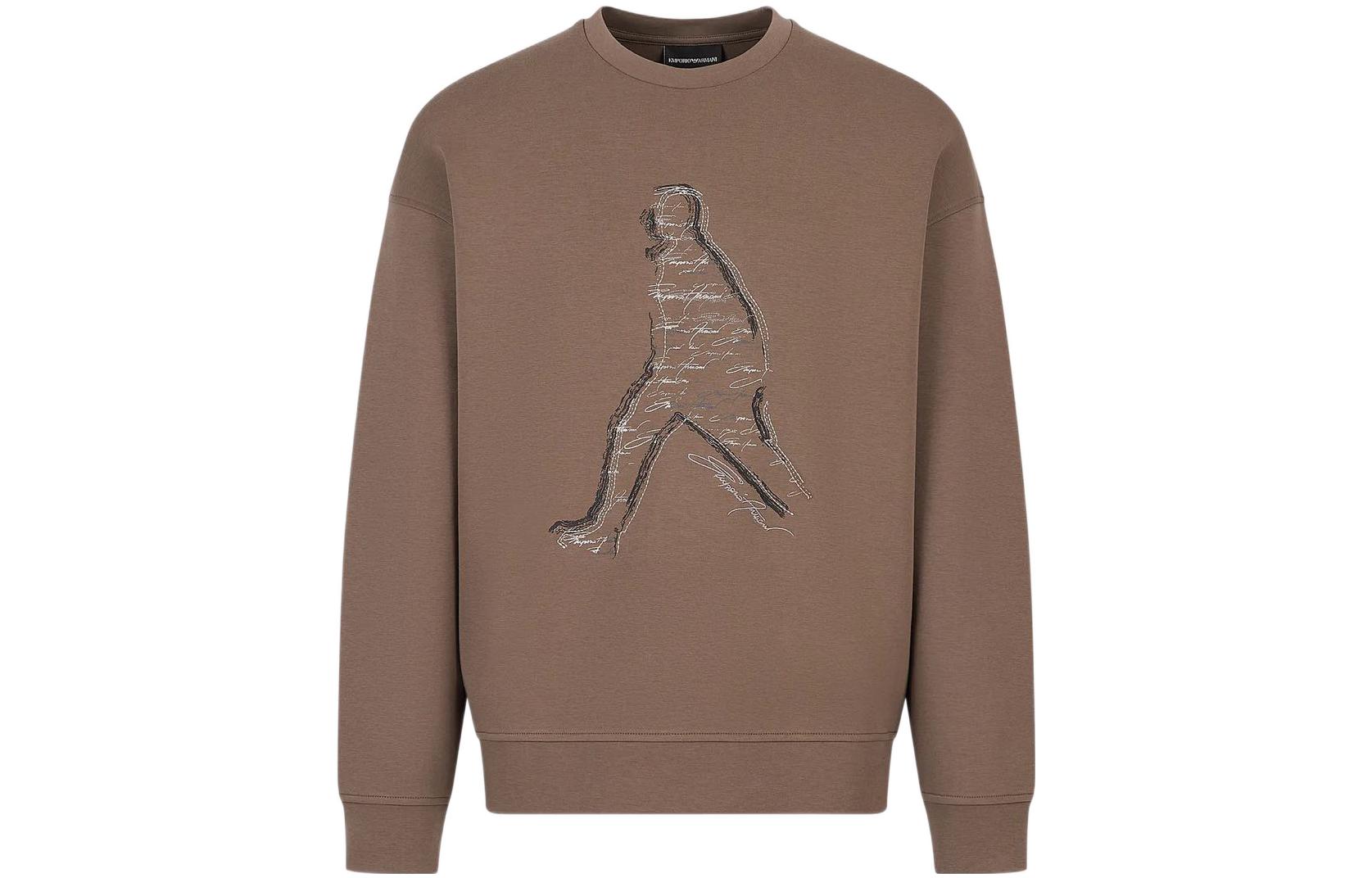 Emporio Armani SS23 Brown Crewneck Sweatshirt with Embroidered Silhouette Design Men 3R1MDQ-1JHSZ-0651