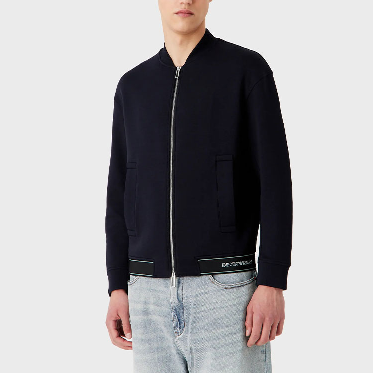 Shop Emporio Armani SS23 拼色Logo棒球領拉鍊外套 深藍 3R1MDF-1JHSZ-0920