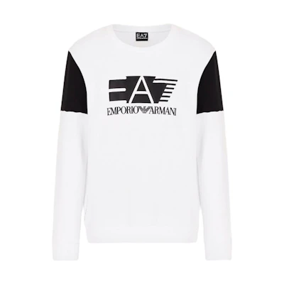 Emporio Armani SS23 Colorblock Logo Crewneck Pullover Sweatshirt White Men’s 3HPM38-PJJ5Z-1100