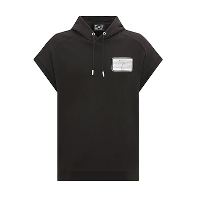 Emporio Armani SS23 EA7 Logo Print Short-Sleeve Hoodie Black 3RPM58-PJEQZ-1200