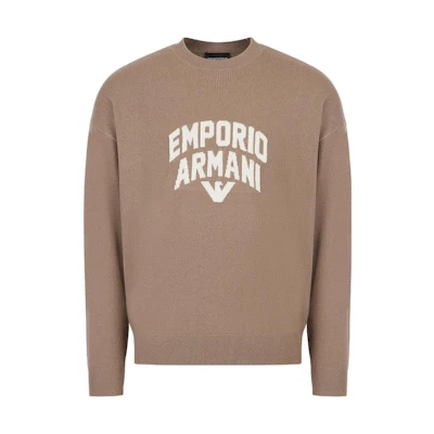 Emporio Armani SS23 Logo Embroidered Crewneck Knit Sweater Oatmeal Brown Men. 3R1MXA-1MDXZ-0144