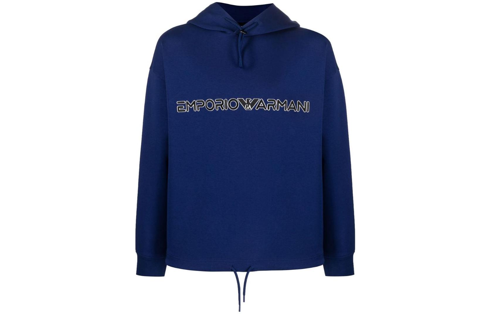 Emporio Armani SS23 Logo Embroidered Drawstring Hoodie Iron Blue 3R1MBC-1JHSZ-0862