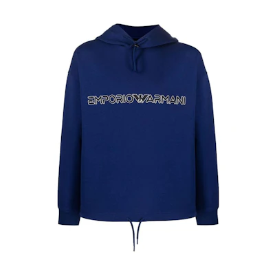 Emporio Armani SS23 Logo Embroidered Drawstring Hoodie Iron Blue 3R1MBC-1JHSZ-0862