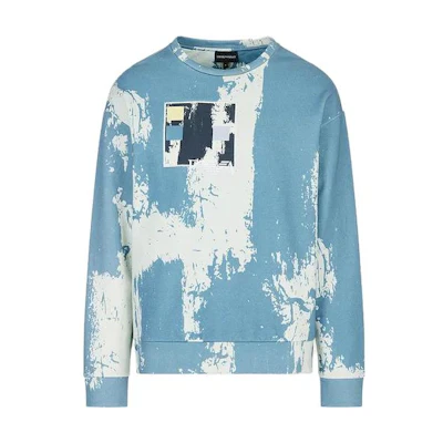 Emporio Armani SS23 Loose Ink Print Crewneck Sweatshirt Light Blue Menswear 3R1M6R1-JWFZ1-F722
