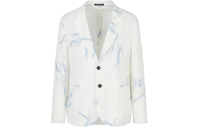 Emporio Armani SS23 Printed Linen Single-Breasted Jacket Men White D41G37-D1133-1100