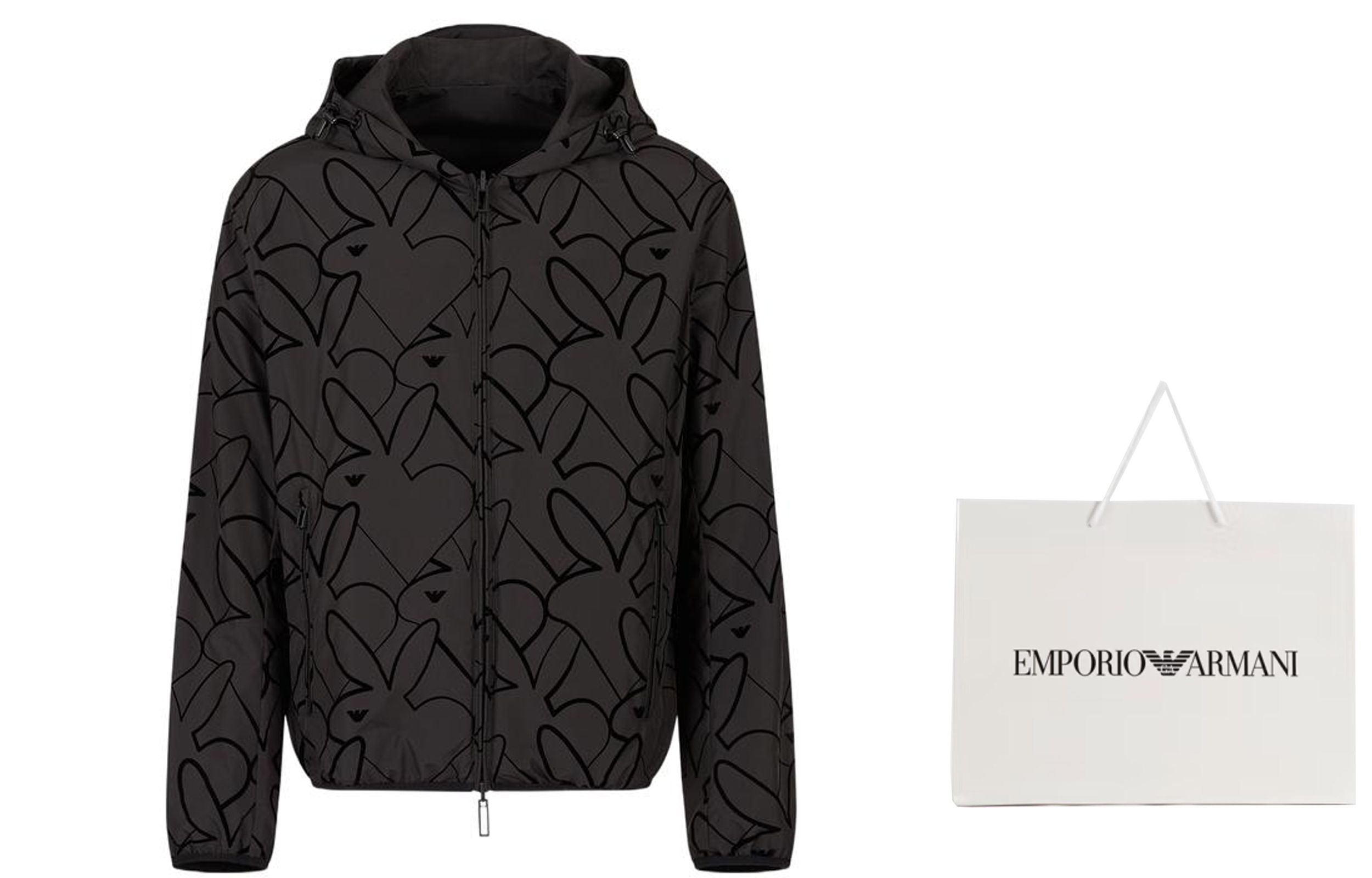 Shop Emporio Armani SS23双面连帽夹克 黑色兔年印花外套. 3R1BD4-1NRZZ-F062