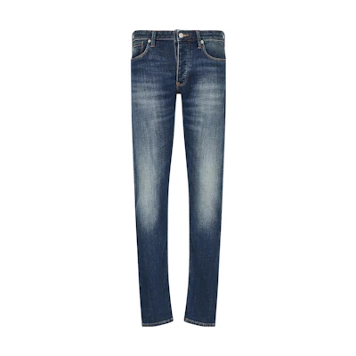 Emporio Armani SS23 Slim-Fit Distressed Logo Jeans Men Denim Blue. 3R1J75-1D0DZ-0941