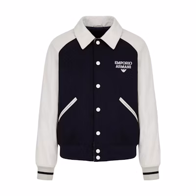 Emporio Armani SS23 Wool Blouson Leather Sleeves Logo Black White Jacket H41R78-E1P78-1019