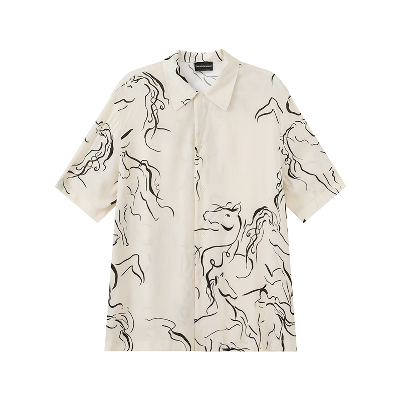 EMPORIO ARMANI SS24  Beige Printed Loose-Fit Short Sleeve Shirt. E31F25-F1022-191