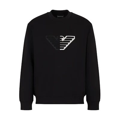 Emporio Armani SS24 Black Crewneck Embossed Eagle Long Sleeve Sweatshirt 6D1M76-1JHSZ-0999