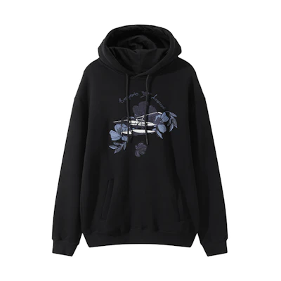 EMPORIO ARMANI SS24 Black Hoodie with Tropical Print and Embroidery. 6R1M8P-1J7DZ-0041