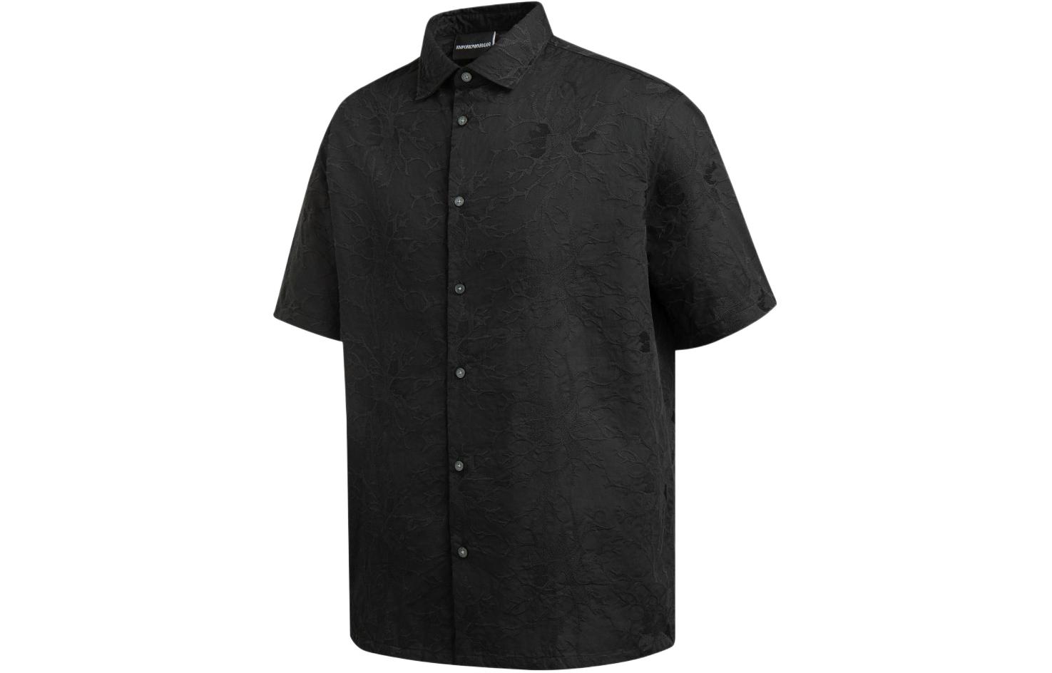 Shop EMPORIO ARMANI SS24 Kemeja Hitam Monogram Lengan Pendek Kancing Depan 3D1CG3-1NQMZ-0999