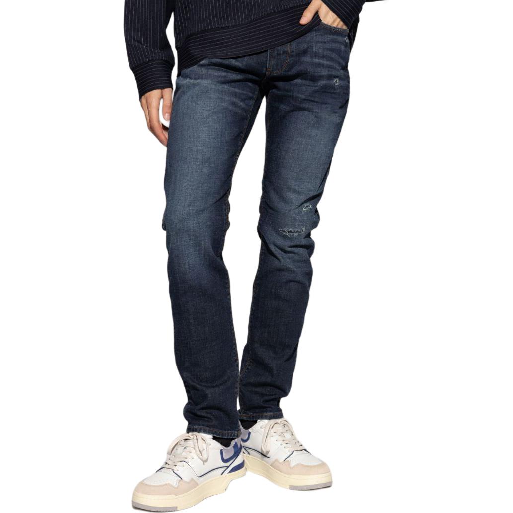 Shop EMPORIO ARMANI SS24 低腰修身型藍色水洗直筒牛仔褲 6D1J06-1D98Z