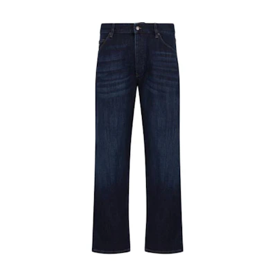 EMPORIO ARMANI SS24 Low-Waist Wide-Leg Blue Jeans with Back Logo Patch. 3D1J69-1D02Z1-0941