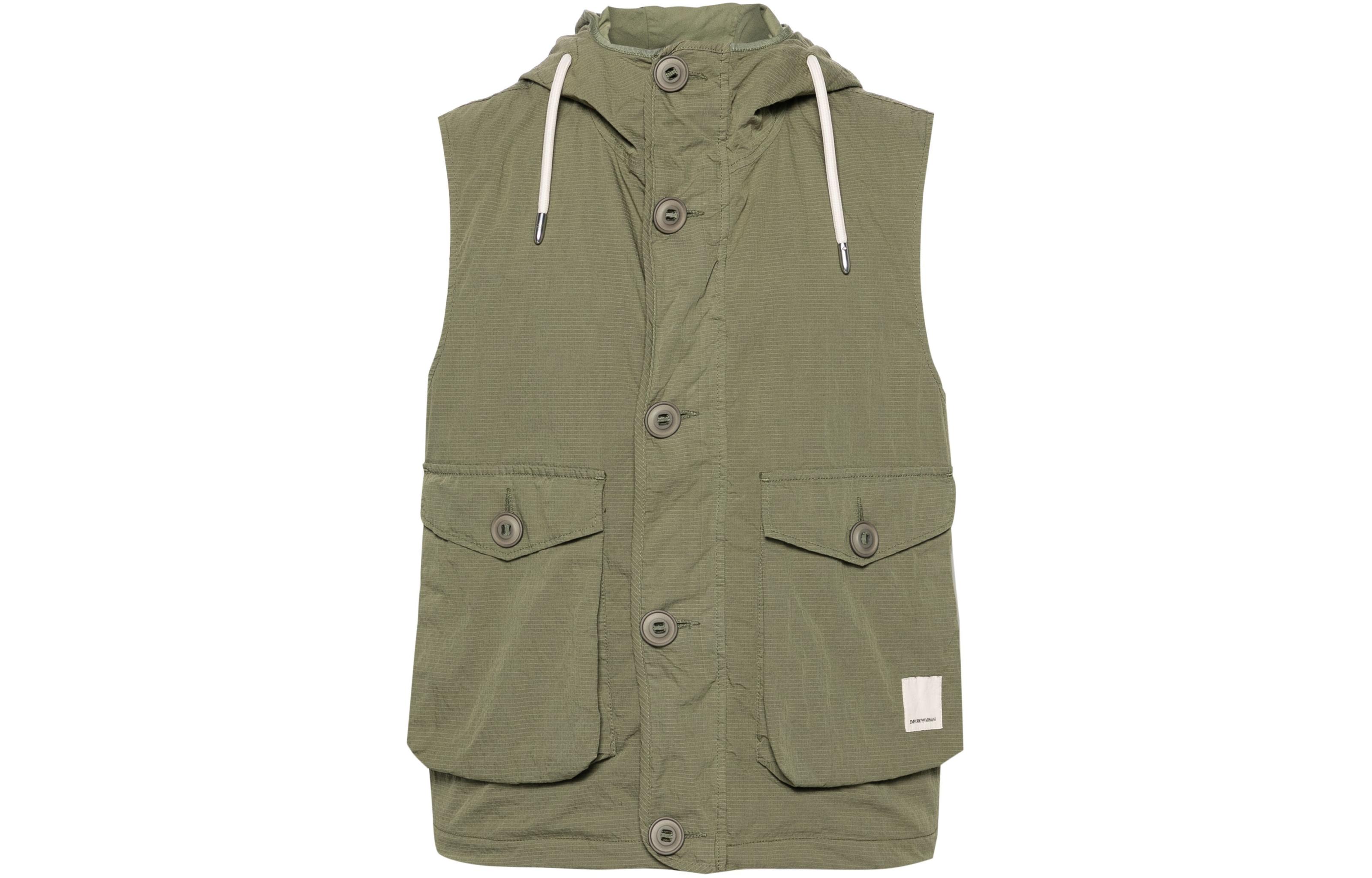 EMPORIO ARMANI SS24  Olive Green Hooded Sleeveless Button-Up Jacket 3D1B7N-1K3CZ-05C0