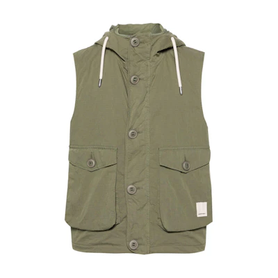 EMPORIO ARMANI SS24 Olive Green Hooded Sleeveless Button-Up Jacket 3D1B7N-1K3CZ-05C0