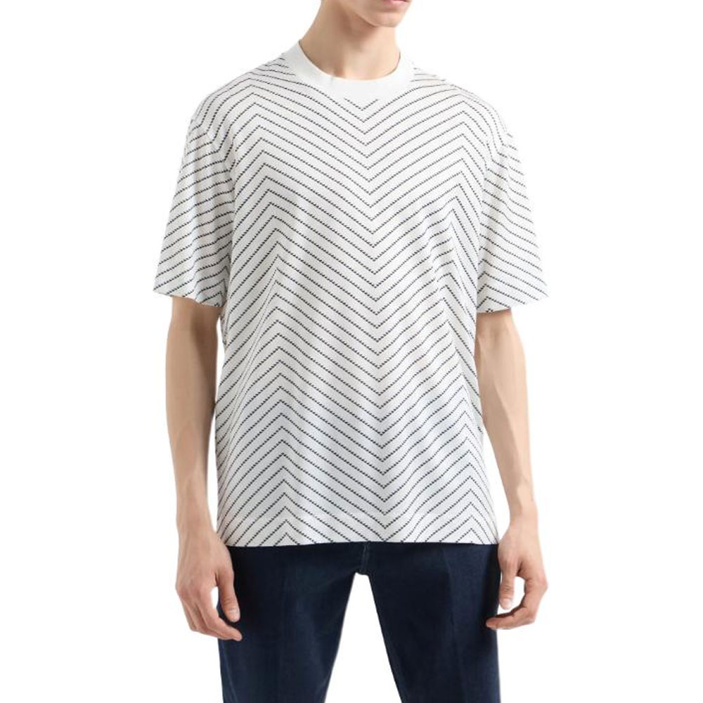 Lookbook EMPORIO ARMANI SS24  White Herringbone Print Crew Neck T-Shirt Casual Tee 6D1TQ3-1JOSZ-F143