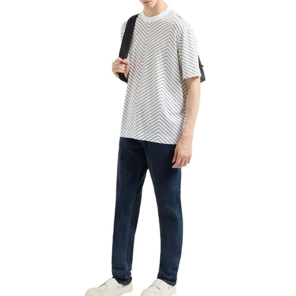 Purchase EMPORIO ARMANI SS24  White Herringbone Print Crew Neck T-Shirt Casual Tee 6D1TQ3-1JOSZ-F143