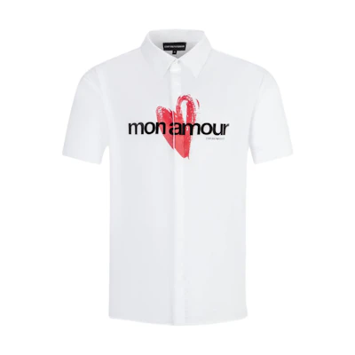 EMPORIO ARMANI SS24 White Short-Sleeve Shirt with Heart Letter Print. 3D1C8R-1K2GZ-01M7