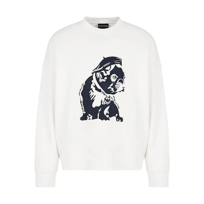 Emporio Armani SS24 Bulldog Embroidered Loose Crewneck Sweatshirt Warm White 6D1MC0-1JWPZ-0101