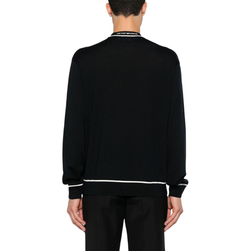 Shop EMPORIO ARMANI SS24 Suéter Holgado Negro Hombre Logo Tejido con Ribete Contraste. 6D1MXH-1MJLZ-F036