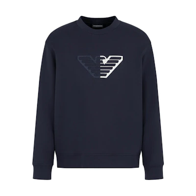 Emporio Armani SS24 Embossed Eagle Crewneck Sweatshirt Navy Blue Pullover 6D1M76-1JHSZ-0920