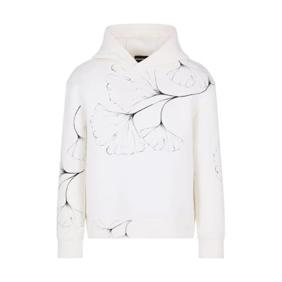 Emporio Armani SS24 Leaf Print Hoodie Men’s White 3D1M6V-1JV9Z-F127