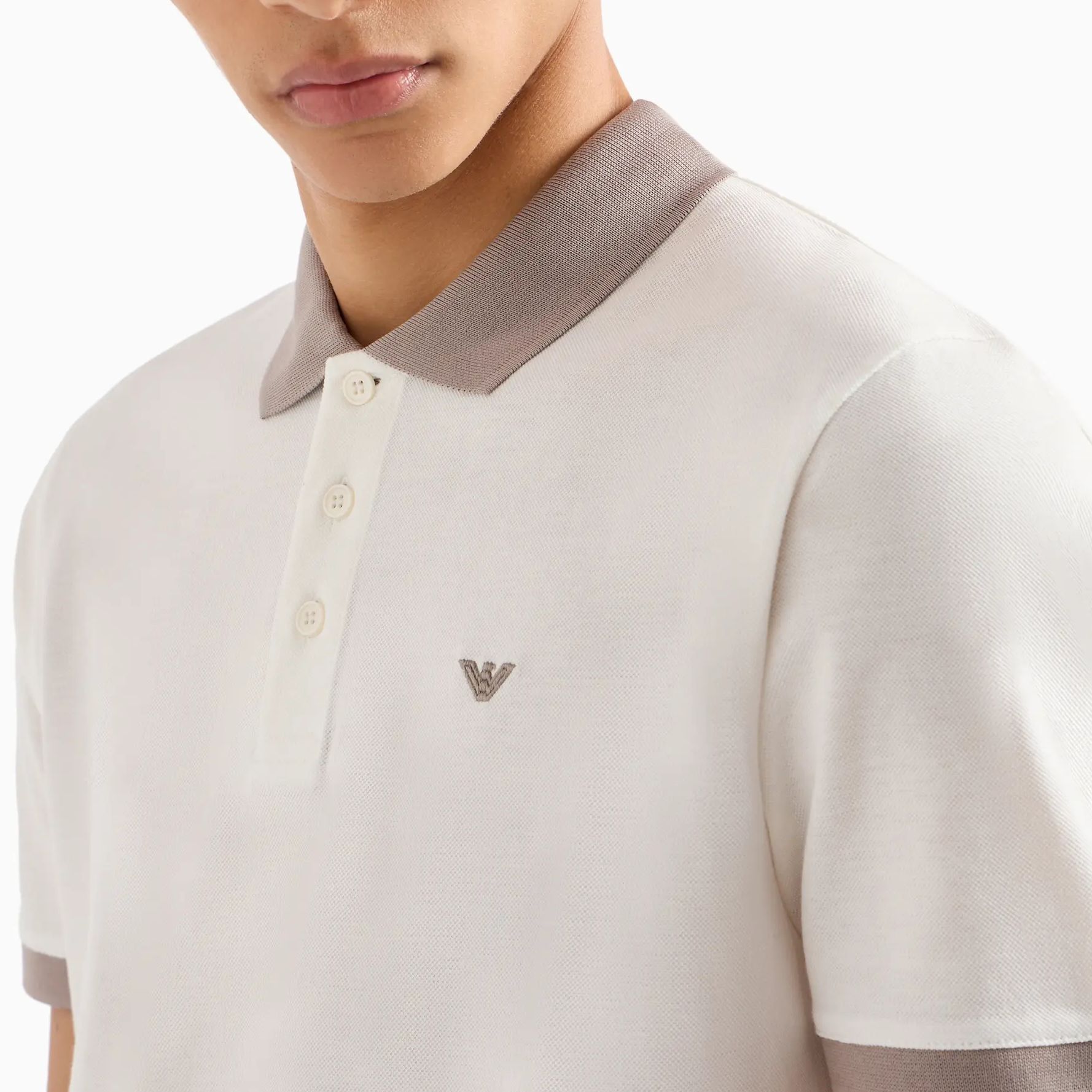 Sizing EMPORIO ARMANI SS24 男士logo刺繡拼色短袖Polo衫 米白色 3D1FM11-JTKZ1-0101