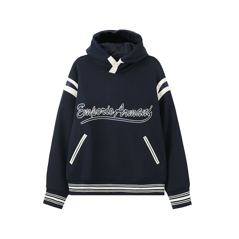 Emporio Armani SS24 Logo Embroidered Stripe Hoodie  Black. 6R1MG1-1JWPZ-0920