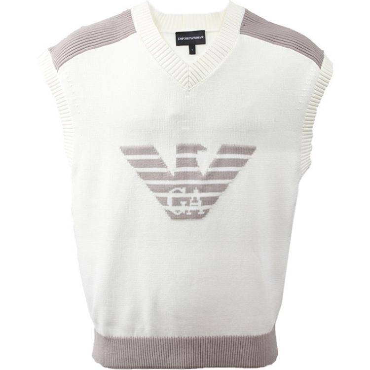 EMPORIO ARMANI SS24 Logo Knit V-Neck Casual Vest Men’s Off-White. 3D1MXU-1MQDZ-0128