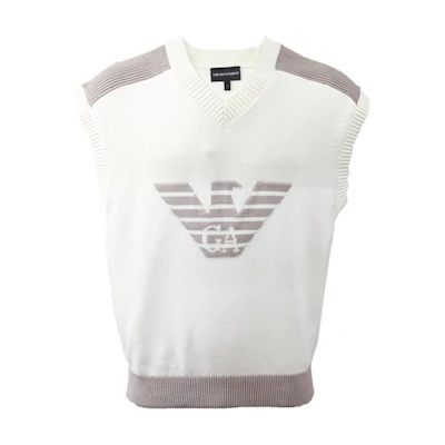 EMPORIO ARMANI SS24 Logo Knit V-Neck Casual Vest Men’s Off-White. 3D1MXU-1MQDZ-0128